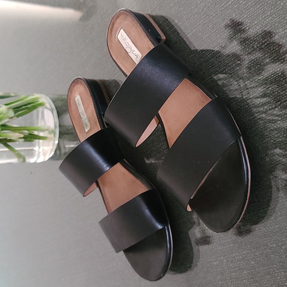 Halogen Adina Double Strap Black Leather Slides Sandals 9